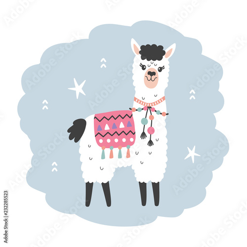 Hand Drawn Cartoon Llama Character, isolated on white