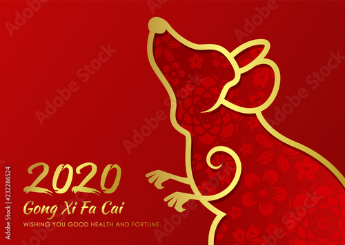 chinese new year 2020 card with abstract gold border line rat zodiac and abstract flower texture on red background vector design