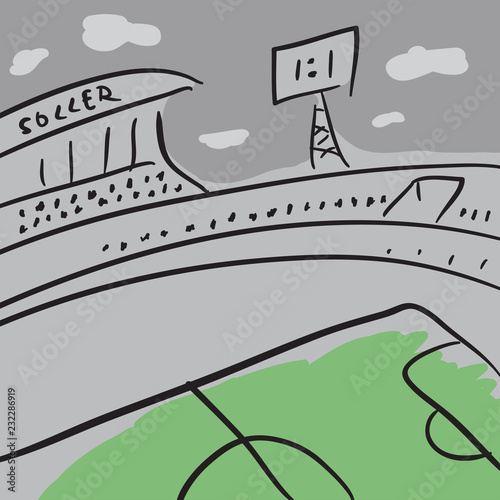 Soccer sketch vector drawing with field and tribunes