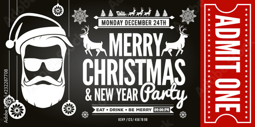 Christmas and New Year Party Ticket Invitation. Vector illustration.