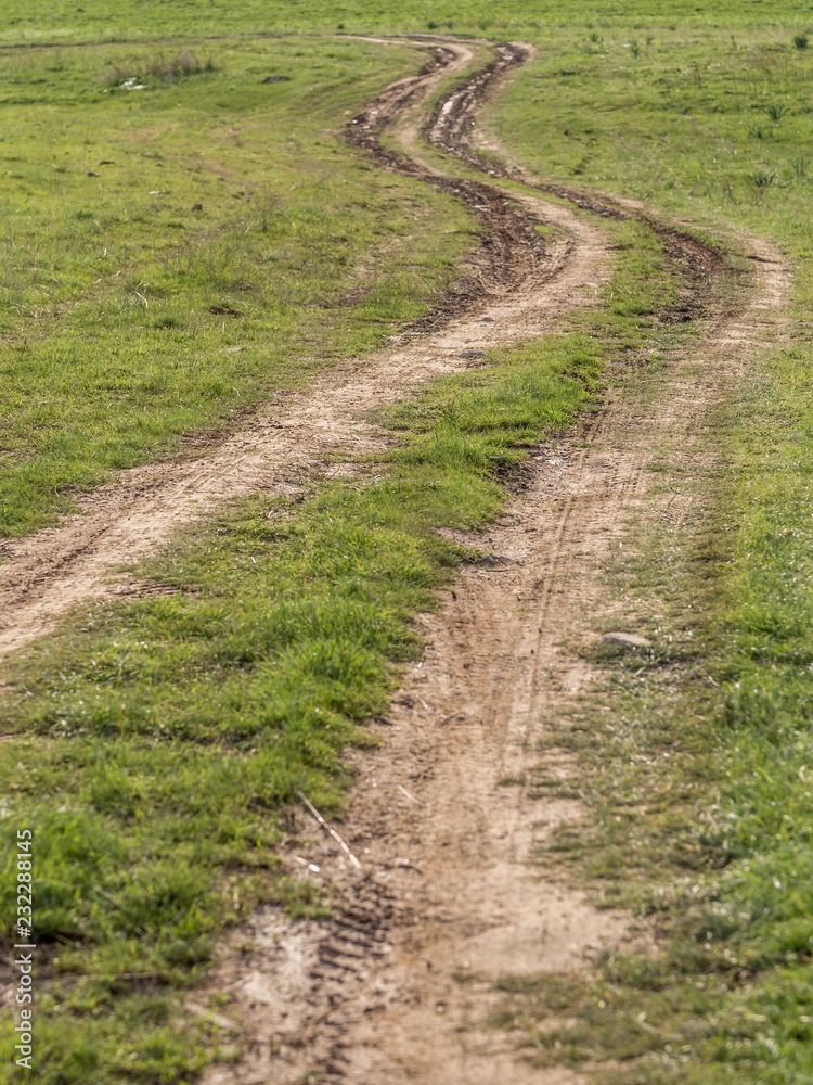 a winding dirt road in the spring field a winding dirt road in the spring field