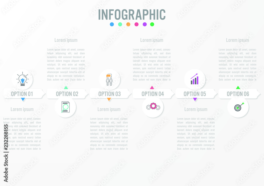 Business infographic template with 6 options arrows shape