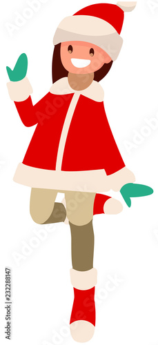 Girl on white background in red clothes jumping