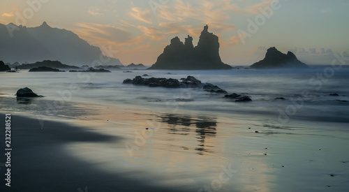 Benijo beach with sunset light, Anaga natural park, Tenerife, Canary islands, Spain