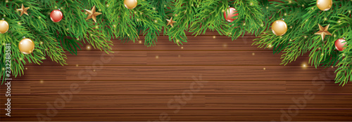 Christmas fir tree on wooden background with copy space for text. Vector illustration for banner, cover, greeting card.