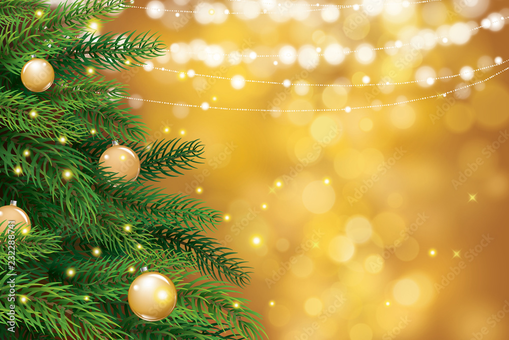 Christmas tree with gold blur bokeh lights background. Vector illustration for cover, banner, greeting card template.