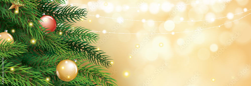 Christmas tree with gold blur bokeh lights background. Vector illustration for cover, banner, greeting card template.