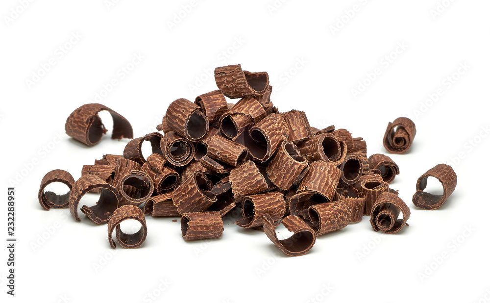 Dark chocolate curls, side view isolated on white background Dark chocolate curls, side view isolated on white background