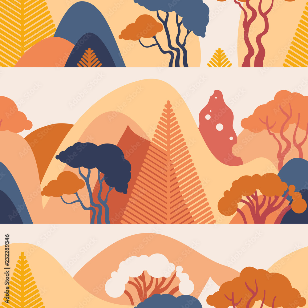 Seamless pattern. Mountain hilly landscape with tropical plants and trees, palms, succulents. Scandinavian style. Environmental protection, ecology. Park, exterior space, outdoor. Vector illustration.