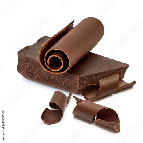 Chocolate curl and chocolate bar, chips or pieces isolated on white background