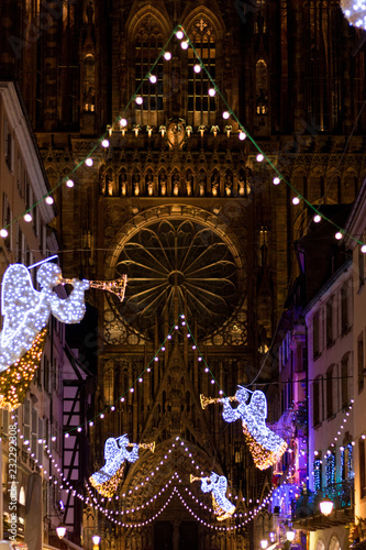 Christmas lights in front of Cathedrale Notre Dame in Strasbourg, Alsace, France