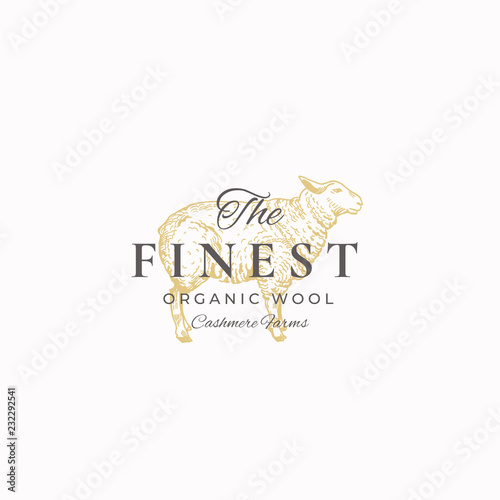 The Finest Wool. Abstract Vector Sign, Symbol or Logo Template. Hand Drawn Sheep Sketch Sillhouette with Retro Typography. Vintage Luxury Cashmere Vector Emblem.