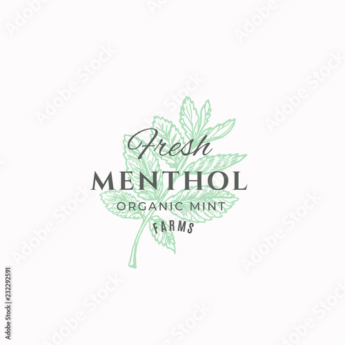 Fresh Menthol Farms Abstract Vector Sign, Symbol or Logo Template. Mint Branch Sillhouette with Retro Typography. Vintage Luxury Emblem.