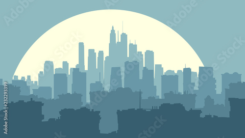 Abstract illustration of big city at night with moon.