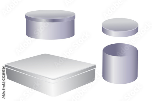 Vector template of metal closed and opened boxes. Gift box