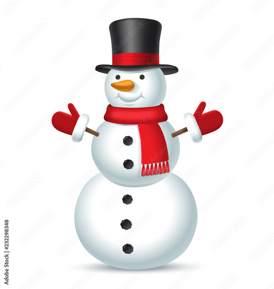 Christmas snowman with top hat, red scarf and mittens isolated on white background. Vector illustration