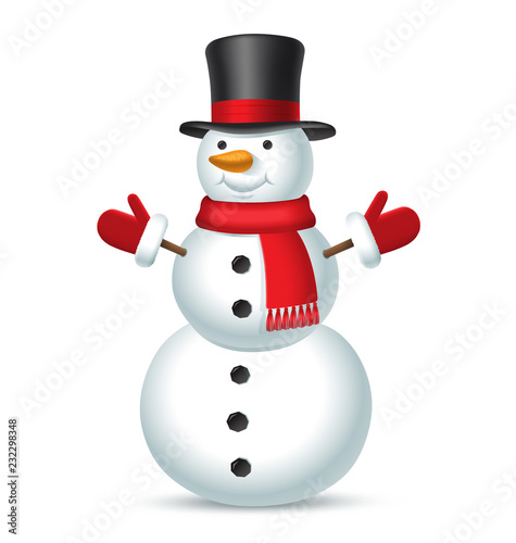 Christmas snowman with top hat, red scarf and mittens isolated on white background. Vector illustration
