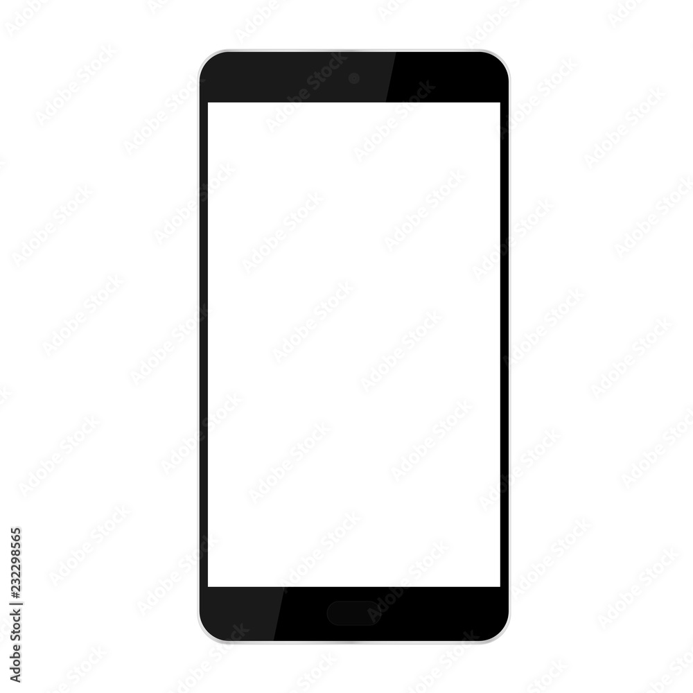 Realistic illustration of a black mobile phone or smartphone with a button, a camera and a blank white screen and a space for a text Realistic illustration of a black mobile phone or smartphone with a button, a camera and a blank white screen and a space for a text