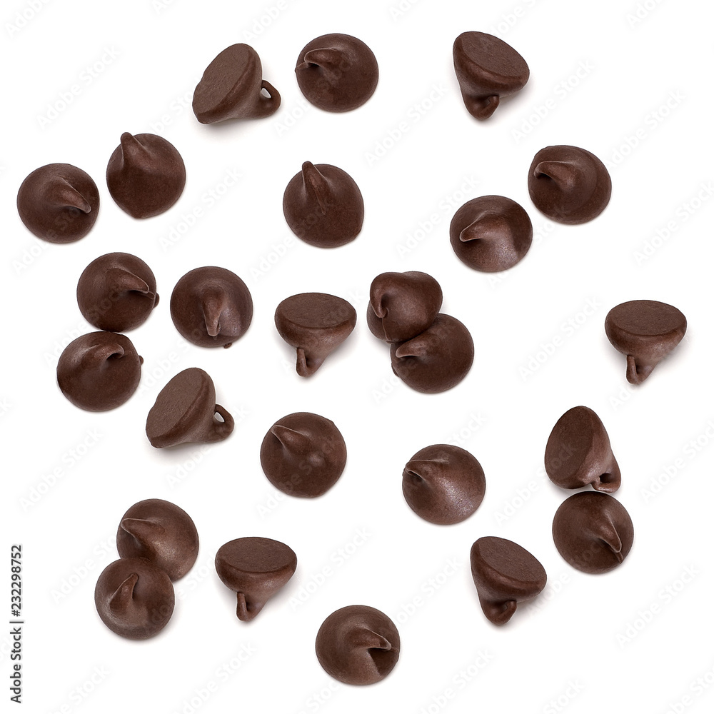 Scattered chocolate chips morsels or drops pile from top view isolated on  white background Stock Photo | Adobe Stock