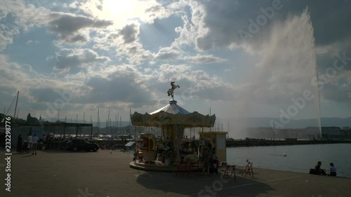 geneva city famous lakeside bay carousel water fountain slow motion panorama 4k switzerland

