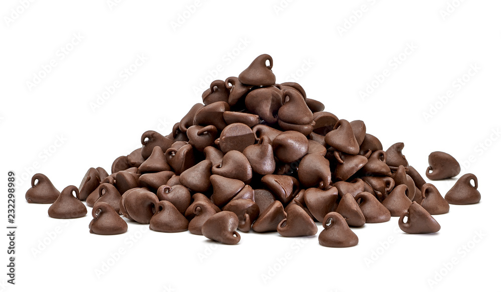 Chocolate chips morsels or chocolate drops pile side view isolated on white  background Stock Photo | Adobe Stock