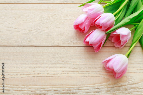 Fototapeta Naklejka Na Ścianę i Meble -  Beautiful pink and white tulips on wood