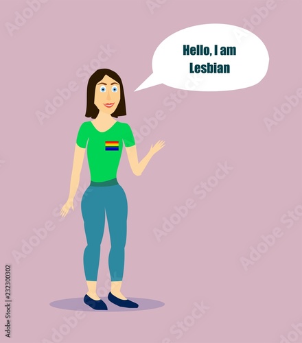 Hello, I'm Lesbian. Open homosexuality. Coming out. Young female character introducing herself as a part of LGBT community. Flat editable vector illustration, clip art. Lgbtq
