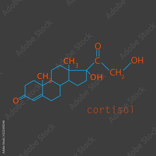 Chemical molecular formula of the hormone cortisol. The hormone of the adrenal glands. Infographics. Vector illustration.
