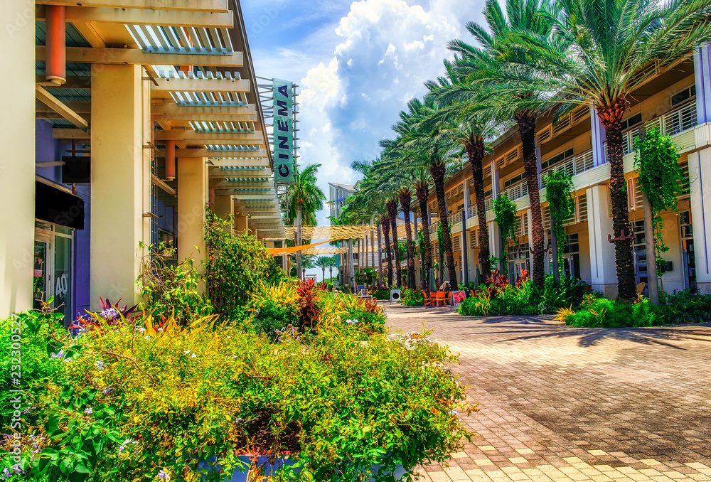 Grand Cayman, Cayman Islands, Aug 2018,The Paseo in Camana Bay a modern waterfront town in the Caribbean