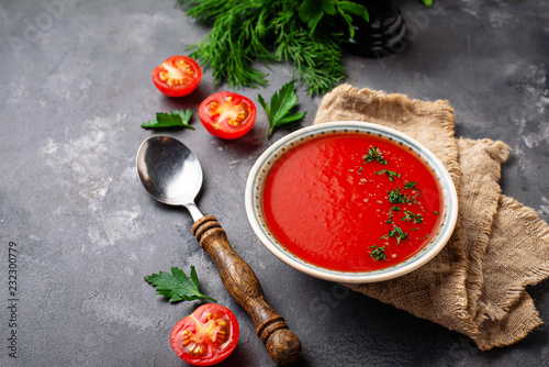 Tomato vegetarian soup gazpacho in bowl