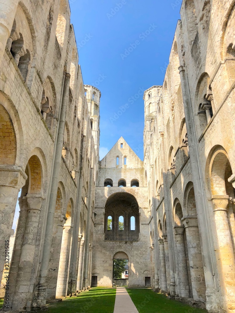Vista della navata della chiesa in rovine di Jumièges, Normandia, Francia