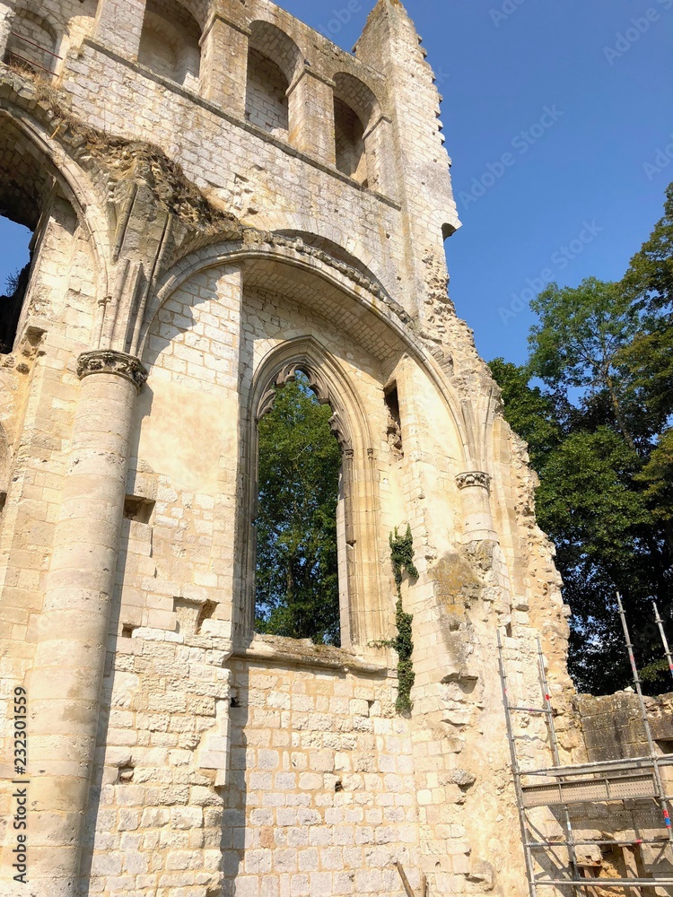 Finestra gotica, rovine dell'abbazia di Jumièges, Normandia, Francia