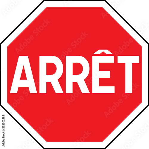 Road sign in Quebec: STOP. Traffic stop sign on pure white. Red octagonal stop sign for prohibited activities. illustration