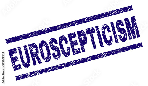 EUROSCEPTICISM seal print with distress style. Blue vector rubber print of EUROSCEPTICISM caption with dirty texture. Text caption is placed between parallel lines.