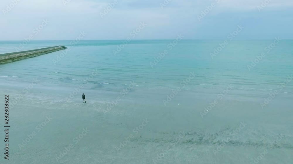 Blonde european woman with broken heart walks alone on coldy beach, looks at sea and horizon, dreams. Hipster girl in depression is praying, freezes, thinks about love, suicide Blonde european woman with broken heart walks alone on coldy beach, looks at sea and horizon, dreams. Hipster girl in depression is praying, freezes, thinks about love, suicide
