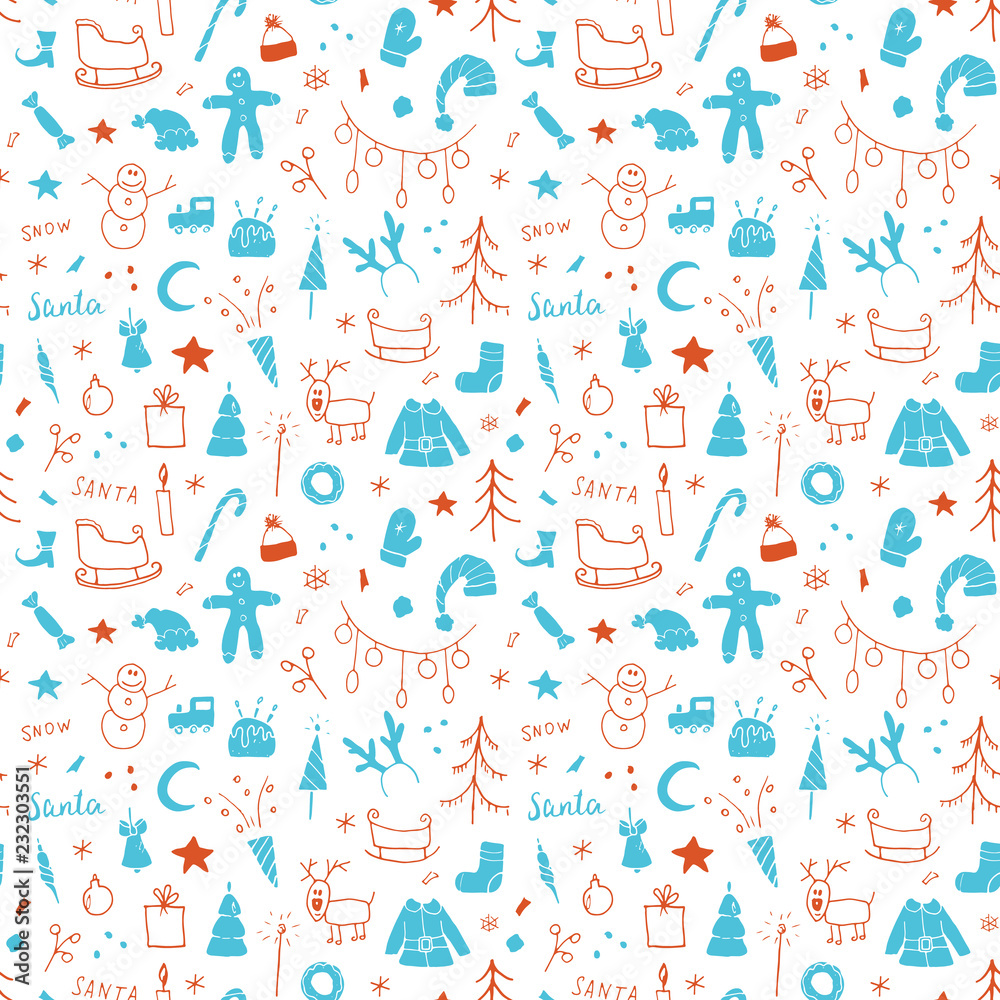 New Year and Christmas seamless pattern, hand drawn doodles Seamless Pattern. Background Vector Illustration New Year and Christmas seamless pattern, hand drawn doodles Seamless Pattern. Background Vector Illustration