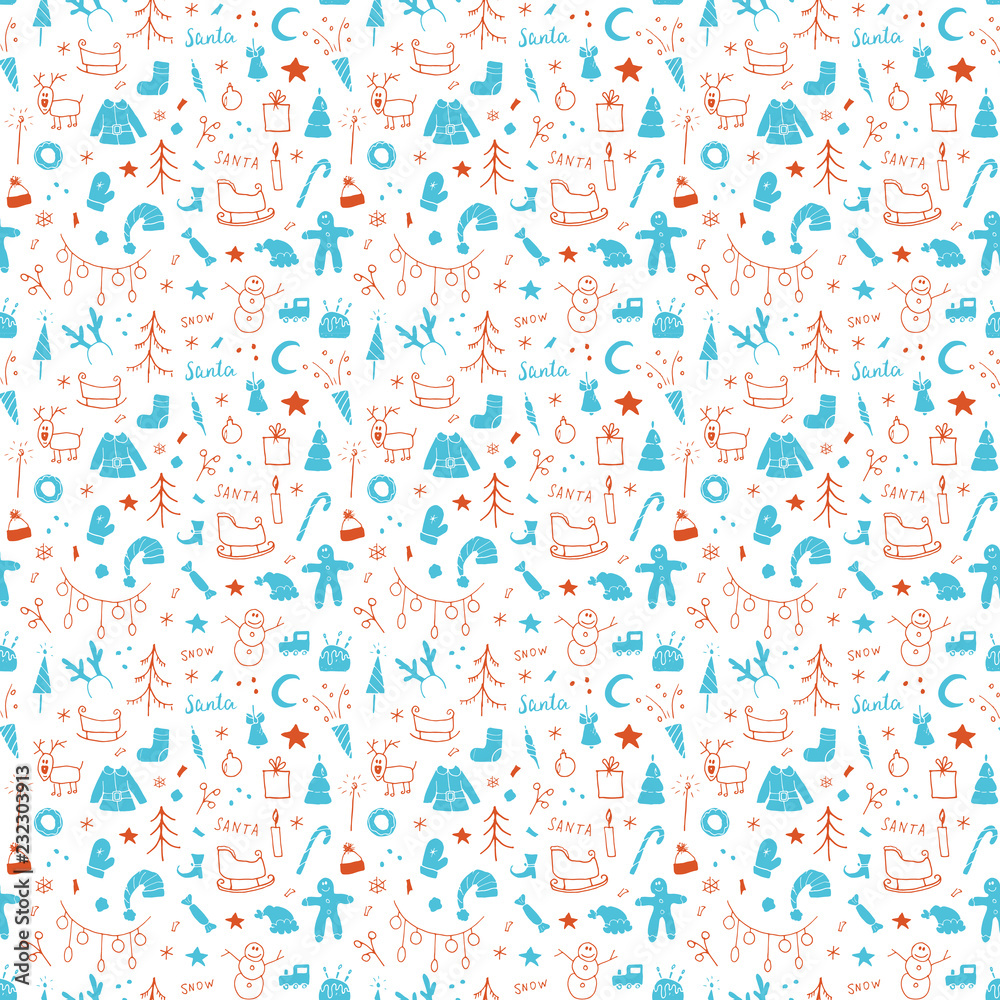 New Year and Christmas seamless pattern, hand drawn doodles Seamless Pattern. Background Vector Illustration