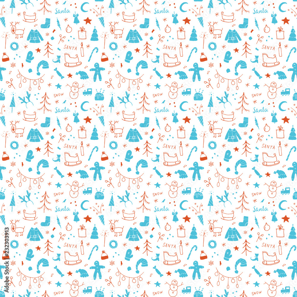 New Year and Christmas seamless pattern, hand drawn doodles Seamless Pattern. Background Vector Illustration