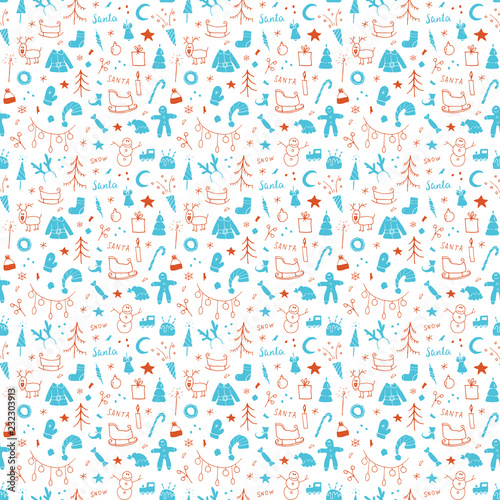 New Year and Christmas seamless pattern, hand drawn doodles Seamless Pattern. Background Vector Illustration