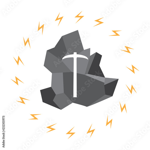 Pickaxe breaking mountain linear icon. Mining. Navvy pick. Contour symbol. Editable stroke