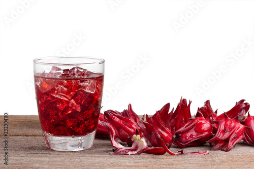 roselle mocktail drink with roselle fruits or Hibiscus sabdariffa on wooden .Jamaica sorrel .