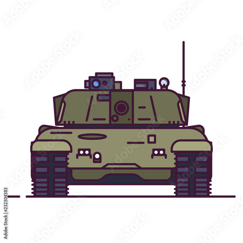 Front view of modern battle tank. Line style vector illustration. Military vehicle concept. Armored tank with barrel and turret in green and olive camouflage. Linear style.