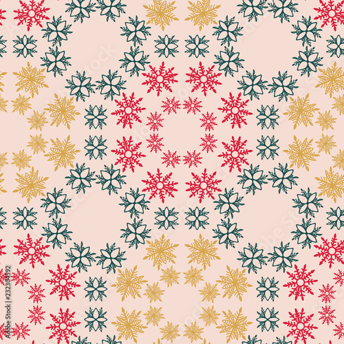 Green, red, yellow bohemian Christmas snowflakes vector seamless pattern background.