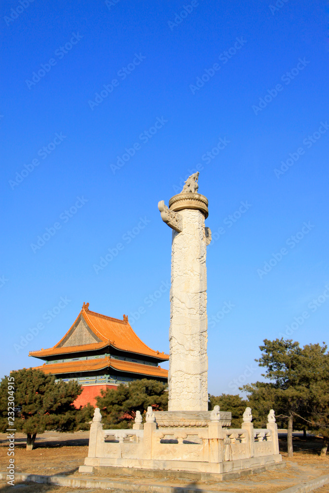 memorial hall and the ornamental columns erected in front of tombs building landscape, in the Eastern Tombs of the Qing Dynasty, ZunHua, hebei province, China.
