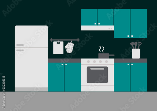 Turquoise green theme indoor kitchen and cooking equipments