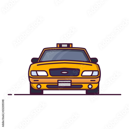 Front view of yellow taxi car with sign. Line style vector illustration. Vehicle and transport banner. Classic american taxi car from New York. Transportation pixel perfect banner.
