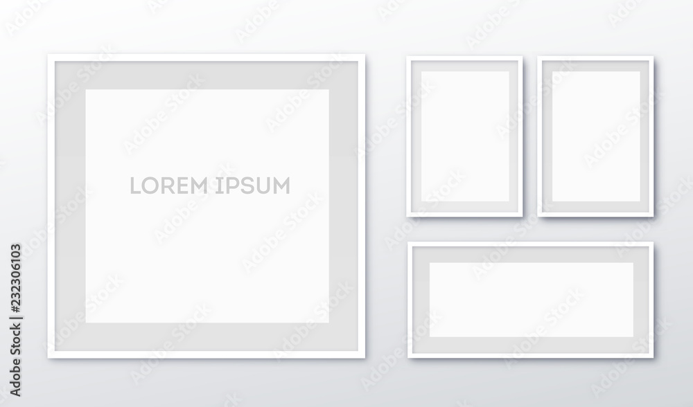 A3, A4 vertical blank picture frame for photographs. Vector realisitc paper or plastic white picture-framing mat with wide borders shadow. Isolated picture frame mockup template on gray background A3, A4 vertical blank picture frame for photographs. Vector realisitc paper or plastic white picture-framing mat with wide borders shadow. Isolated picture frame mockup template on gray background