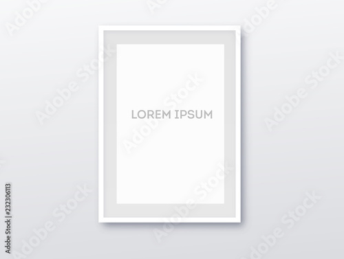 A3, A4 vertical blank picture frame for photographs. Vector realisitc paper or plastic white picture-framing mat with wide borders shadow. Isolated picture frame mockup template on gray background