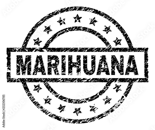 MARIHUANA stamp seal watermark with distress style. Designed with rectangle, circles and stars. Black vector rubber print of MARIHUANA text with corroded texture.