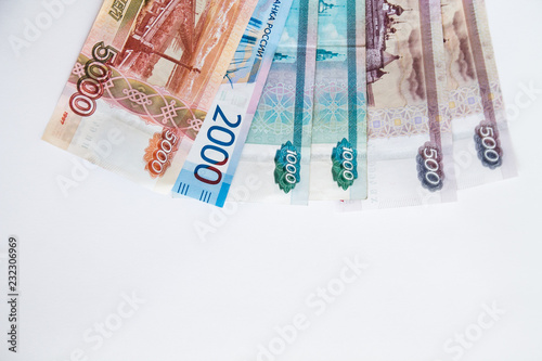 copy space with Russian rubles banknotes on a white background